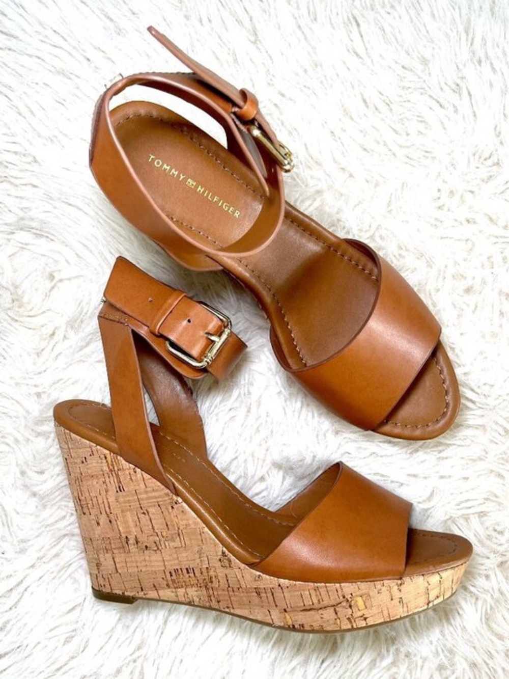 Tommy Hilfiger Cognac Leather Cork Wedge Sandals